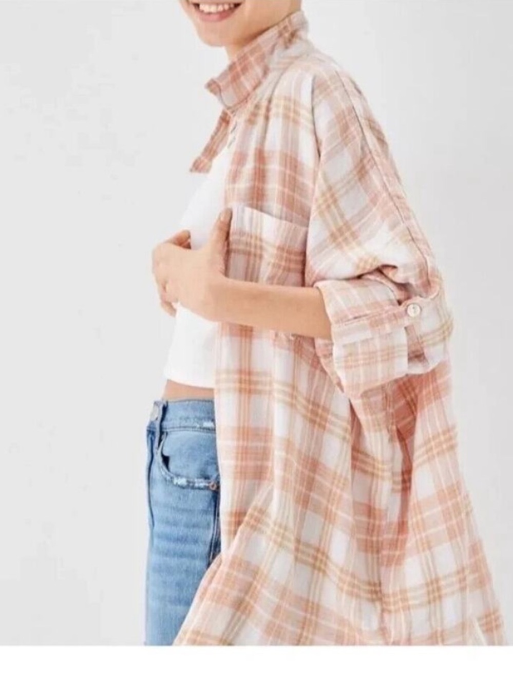 American Eagle Oversized Linen Shirt Size medium Plaid Button Overshirt Top